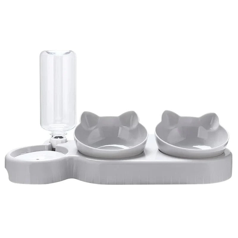 Raised Cat Food Bowl with Gravity Water Dispenser, Double Cat Feeding Station for Dry & Wet Food, Anti-Spill Pet Bowl with Flowing Water Design