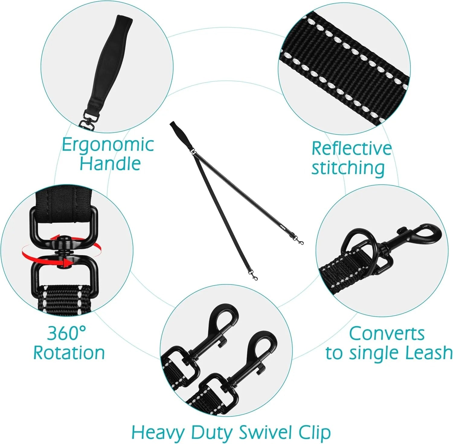 Two Point Dog Leash for No Pull Harnesses, Reflective Soft Padded Walking Lead, Anti-Tangle Dual Clip Leash Converts to Single Leash for Medium and Large Dogs, Safe Day and Night Walks (Black)