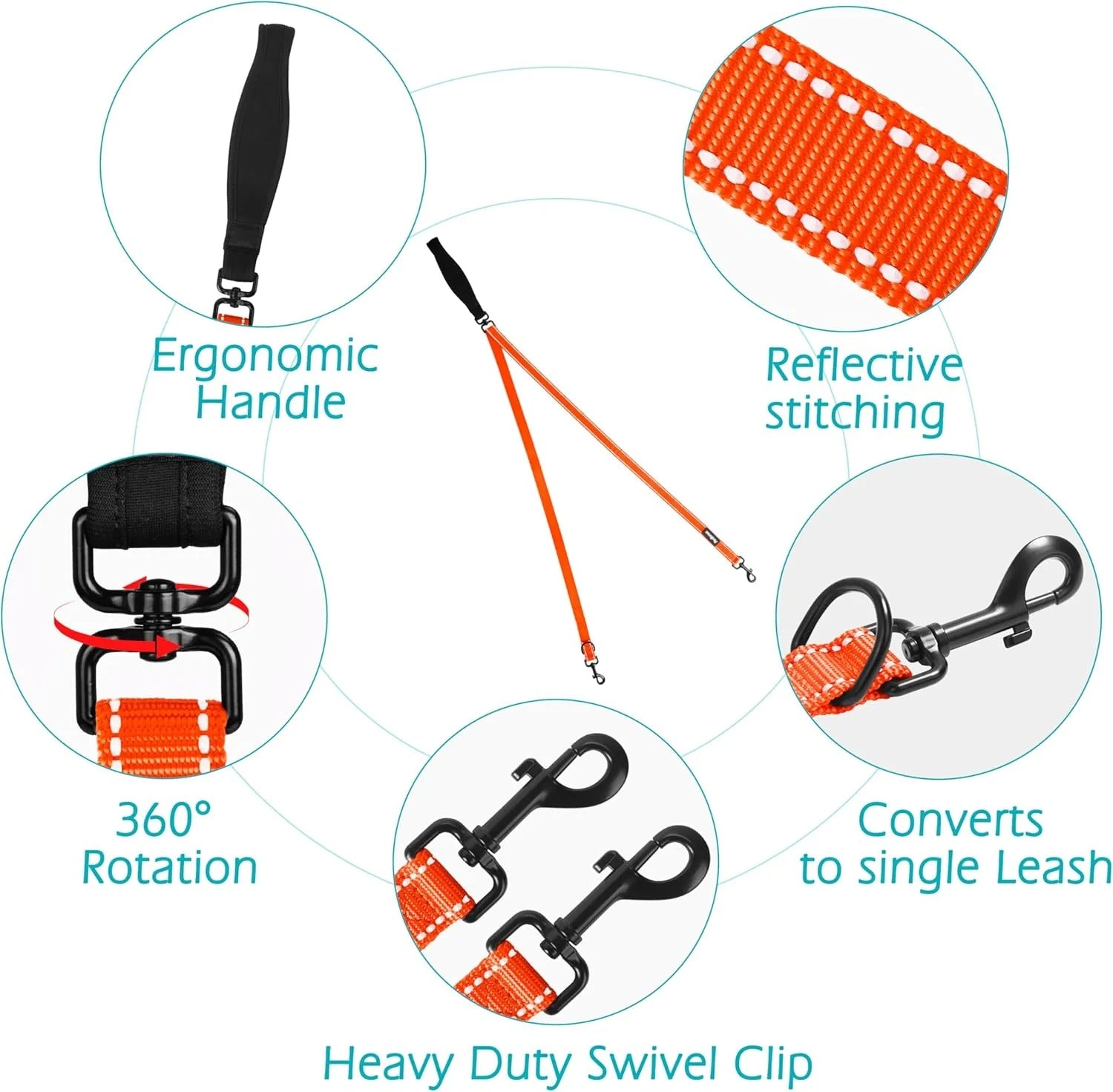Two Point Dog Leash for No Pull Harnesses, Reflective Soft Padded Walking Lead, Anti-Tangle Dual Clip Leash Converts to Single Leash for Medium and Large Dogs, Durable Orange Dog Walking Leash for Day and Night Safety