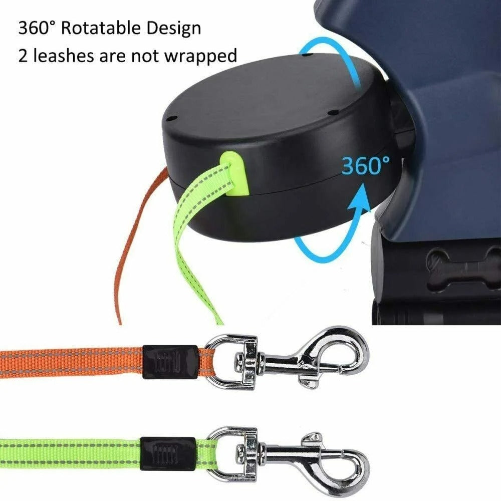 Double Dog Retractable Leash with Reflective Orange and Green Leads, 360-Degree Tangle-Free Dual Dog Walking Leash, Soft Rubber Handle, LED Night Light, 10-Foot Adjustable Lead for Two Dogs Under 25 Pounds