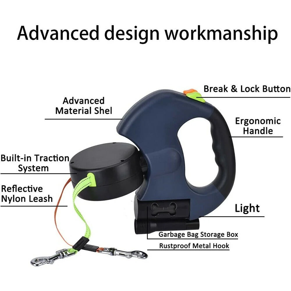 Double Dog Retractable Leash with Reflective Orange and Green Leads, 360-Degree Tangle-Free Dual Dog Walking Leash, Soft Rubber Handle, LED Night Light, 10-Foot Adjustable Lead for Two Dogs Under 25 Pounds