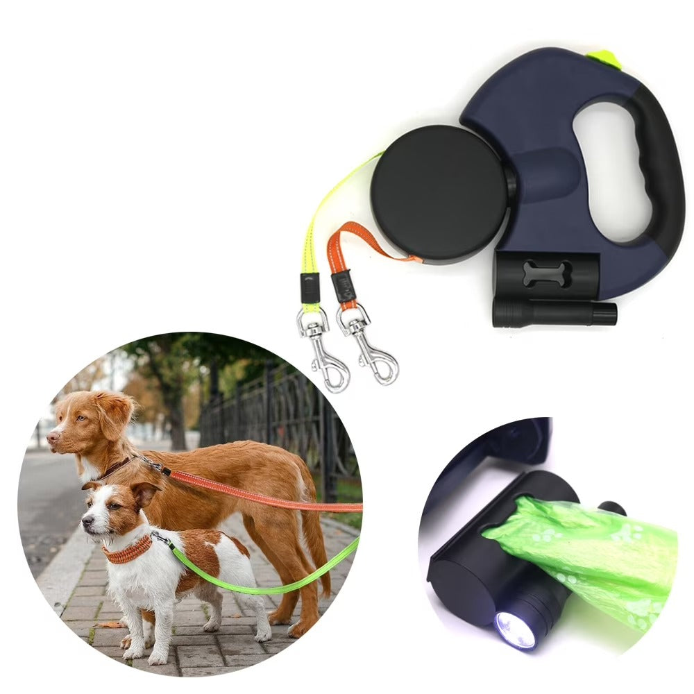 Double Dog Retractable Leash with Reflective Orange and Green Leads, 360-Degree Tangle-Free Dual Dog Walking Leash, Soft Rubber Handle, LED Night Light, 10-Foot Adjustable Lead for Two Dogs Under 25 Pounds