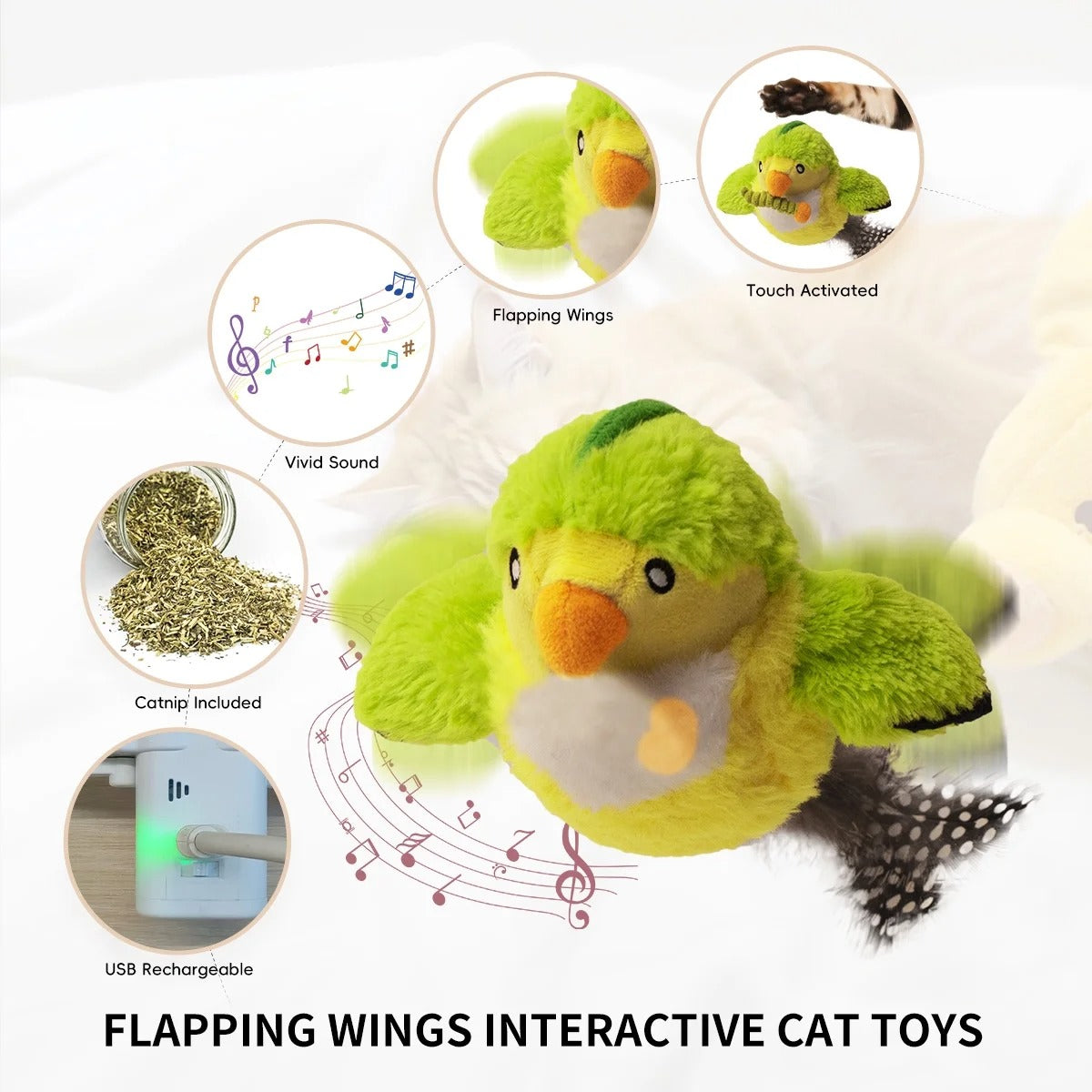 Interactive Flapping Bird Cat Toy with 500mAh Rechargeable Battery, Lifelike Chirping & Fluttering Wings for Indoor Cats and Playful Kittens, Stimulates Hunting Instincts and Encourages Active Play