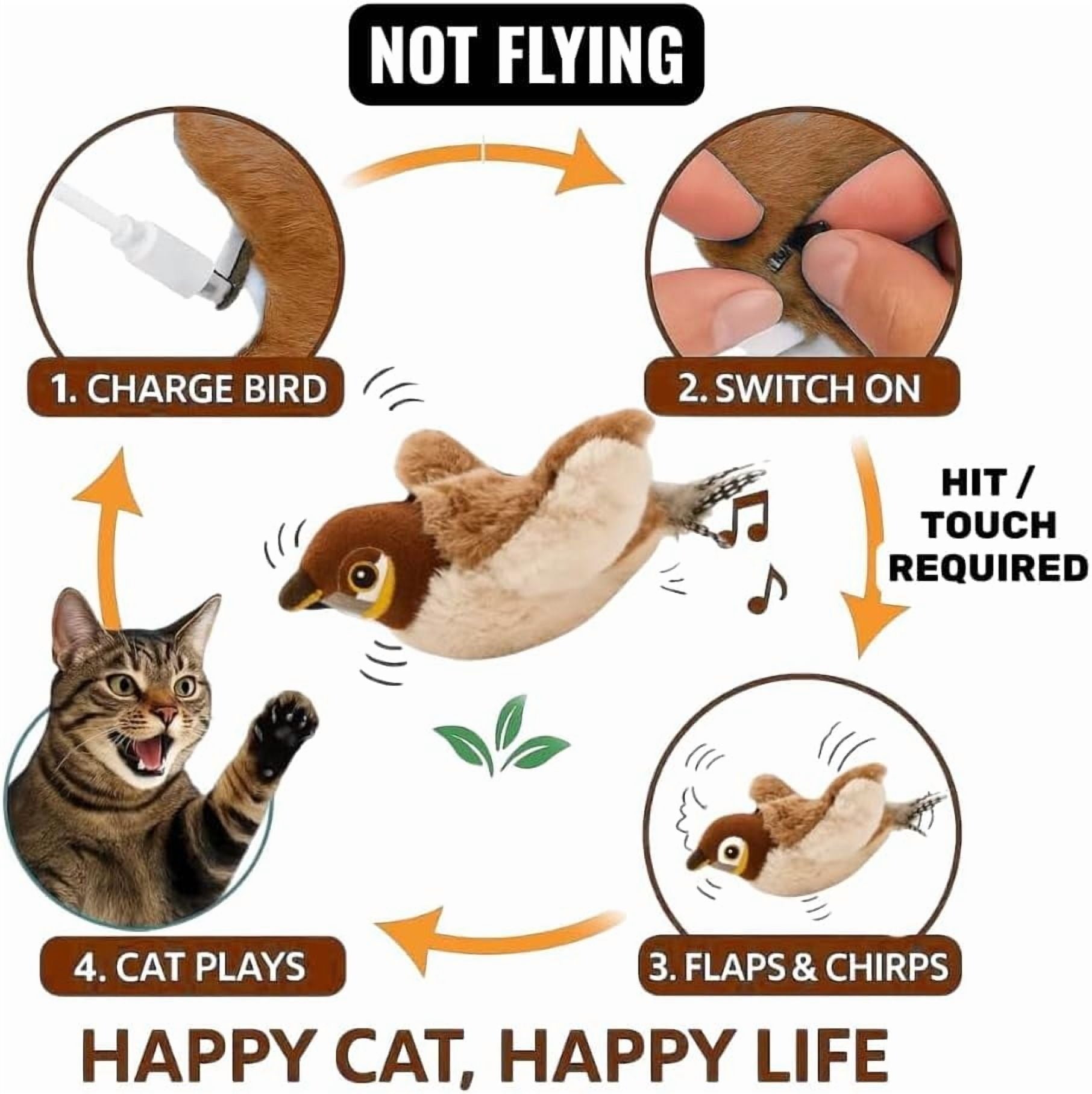 Interactive Flapping Sparrow Cat Toy with USB Rechargeable Battery, Lifelike Feathers, Chirping Sounds & Touch Activation, Catnip-Infused Indoor Play Toy for Adult Cats and Kittens